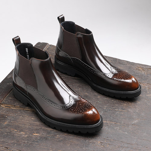 开边珠亮面英伦切尔西靴