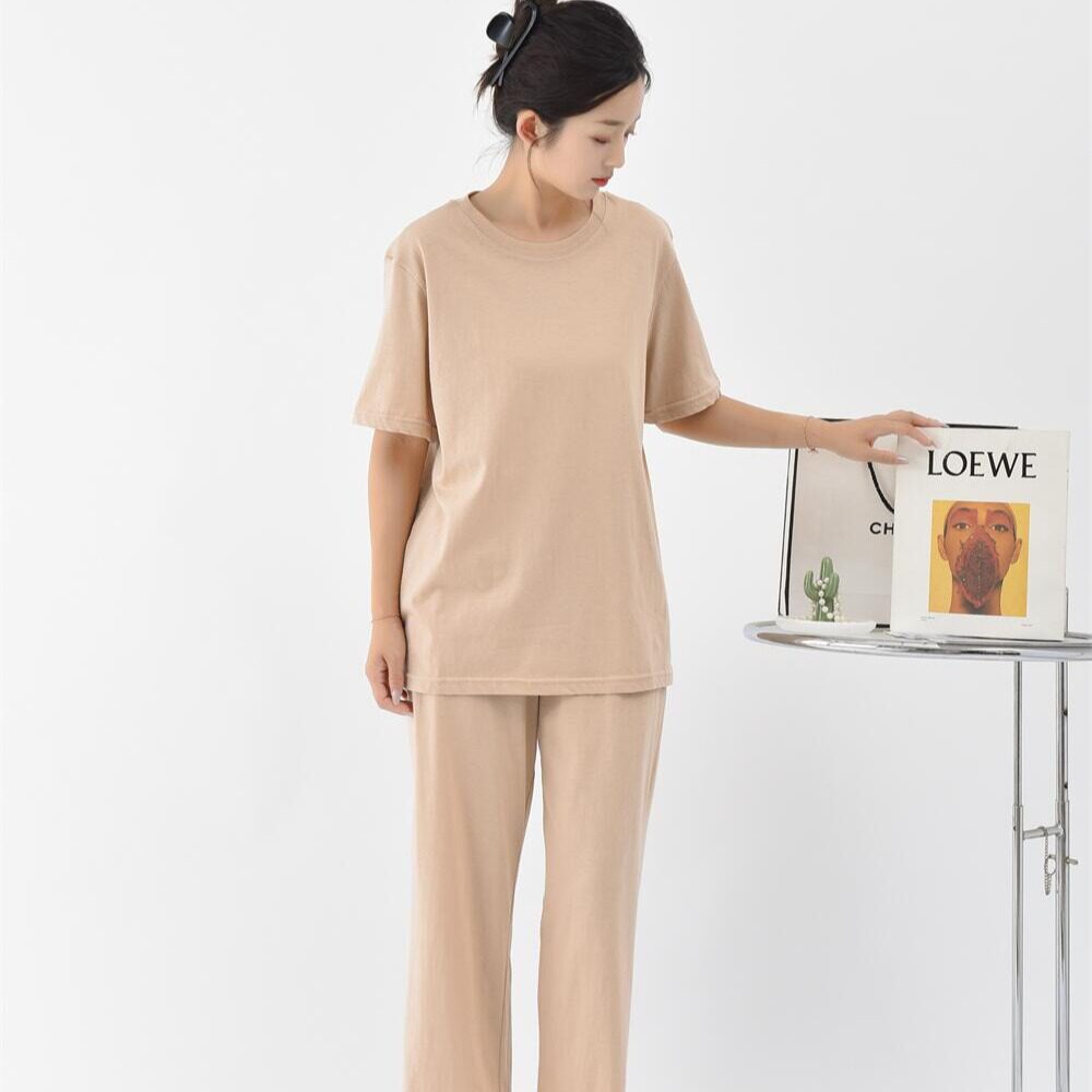 A类天竺彩棉家居服睡衣短袖长裤套装可外穿全棉休闲良品夏季