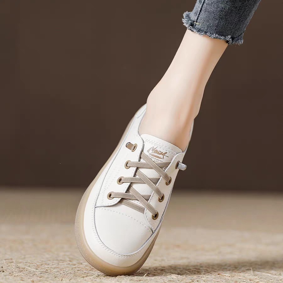 真皮小白鞋女春季2025新款牛筋一脚蹬单鞋软底软面运动休闲板鞋子