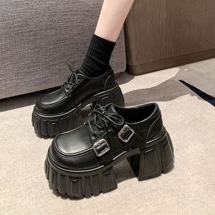 乐福鞋 新款 女春季 英伦风系带金属扣小个子9cm厚底增高粗跟小皮鞋