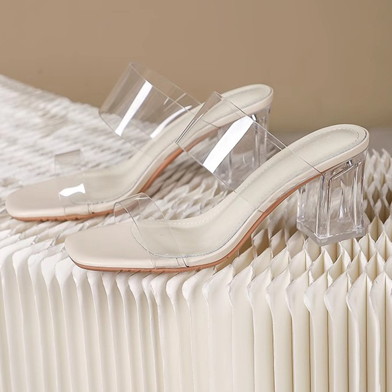 2024新款女拖仙女风外穿水晶跟时装鞋鞋透明一字带高跟鞋粗跟凉鞋
