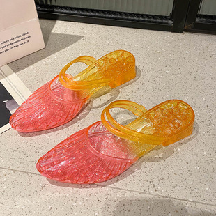 外贸Jelly 新款 高跟凉拖鞋 女夏外穿渐变色时尚 Shoe 包头高跟拖鞋