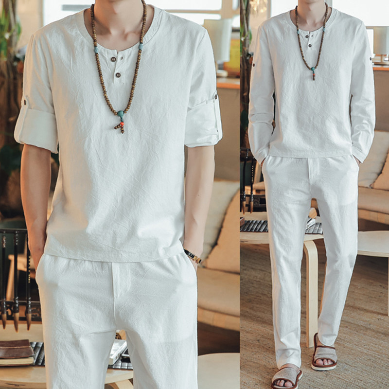 中國風亞麻棉麻唐裝套裝男T恤複古民族風中式改良漢服男居士茶服在類目 男裝, T恤中 - 來自Buy2taobao.com提供專業的淘寶代購服務