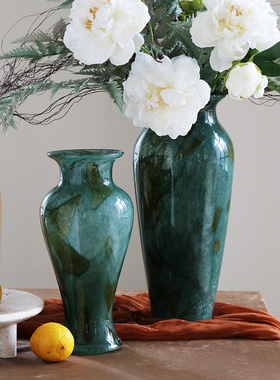 花瓶轻奢高级感中古摆件客厅插花玻璃复古餐桌法式鲜花绿色大花器