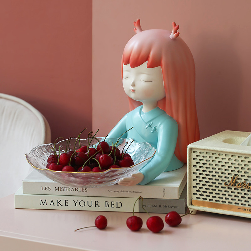 轻奢网红鹿女孩2023新款水果盘摆件家用客厅茶几零食干糖果收纳盘