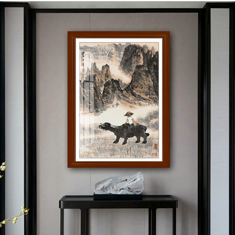 福牛名家国画茶楼装饰画玄关办公室实木挂画酒店饭店大堂有框壁画