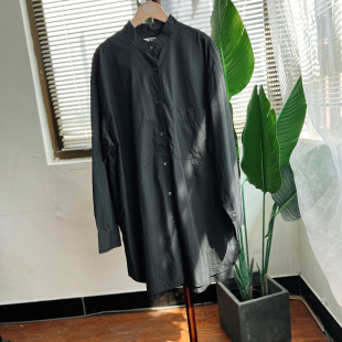 日单优家黑色棉长款衬衫女纯色百搭中长款宽松阔版大衬衣秋冬款