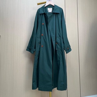品质纯棉阔版风衣女长款双排扣宽松墨绿色长风衣高品质秋款外套