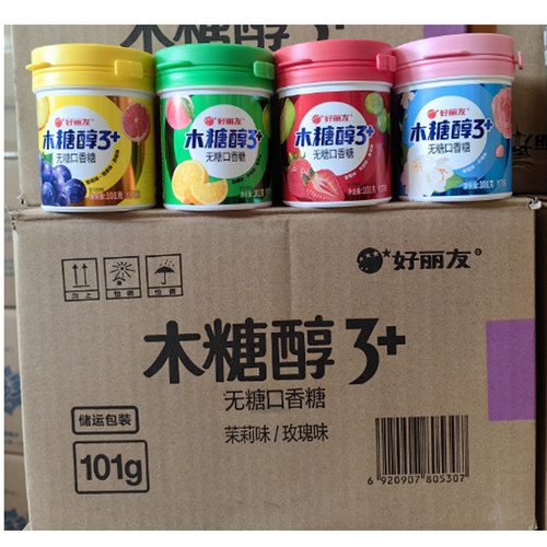 好丽友无糖口香糖木糖醇整箱101g罐装薄荷水果味花香软糖清新口气