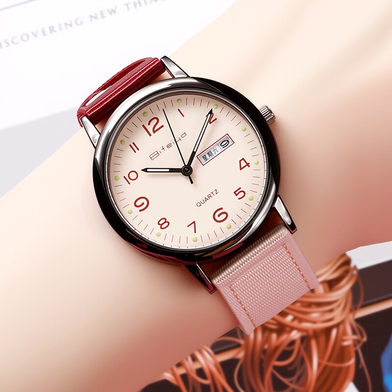 学霸静音考试专用手表男款女款学生初高中防水个性撞色帆布带手表