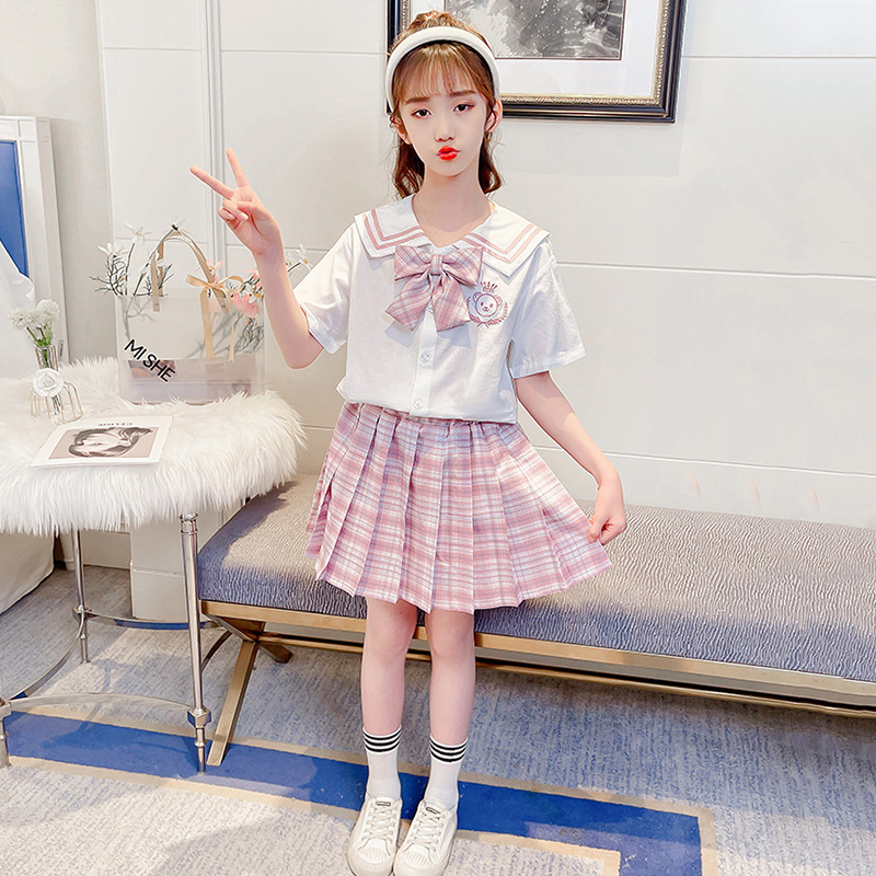 女童连衣裙jk套装制服夏季中大童学院风百褶裙两件套小女孩格子裙
