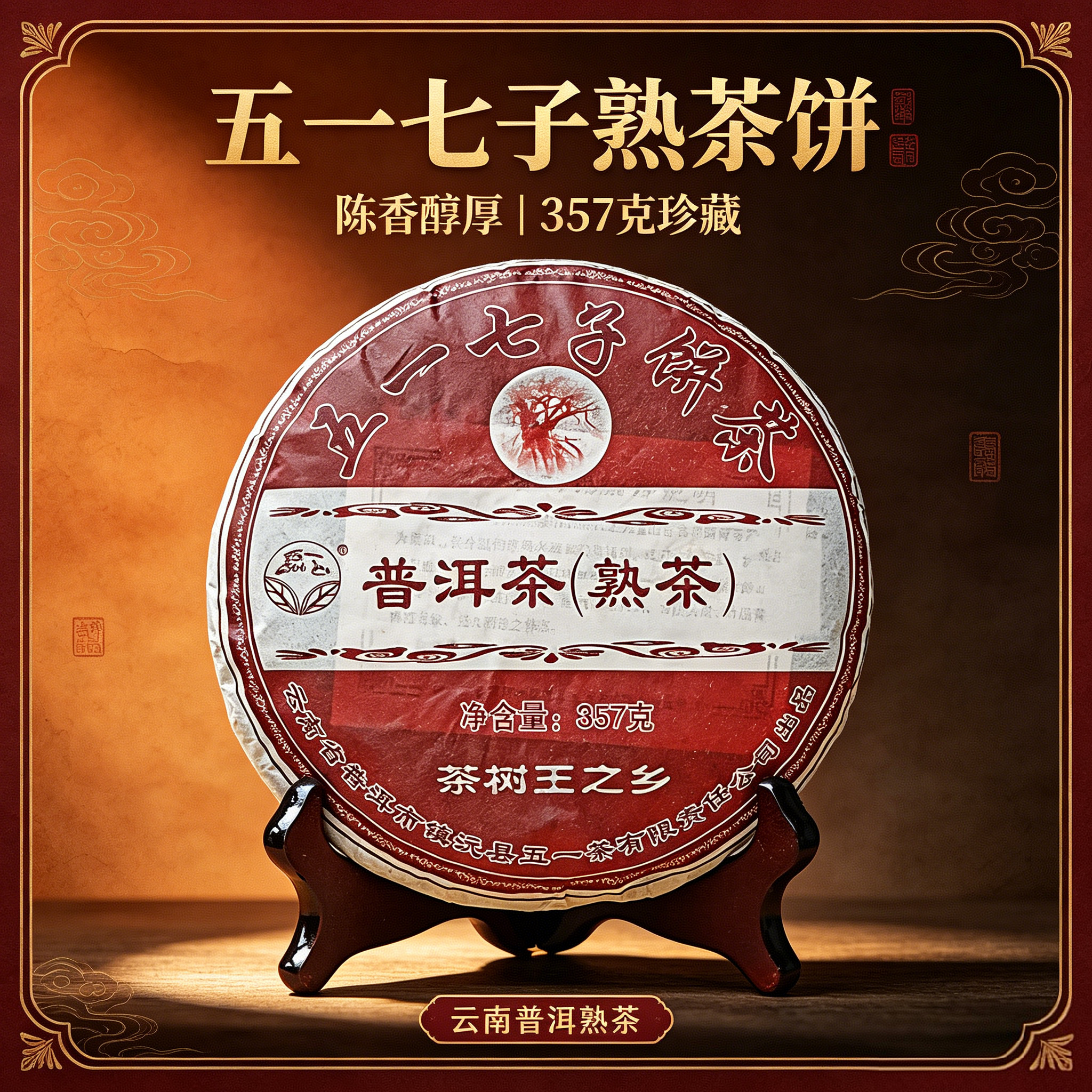普洱熟茶云南大叶种七子饼金芽五年陈绵纸包装陈香五一熟饼茶357g