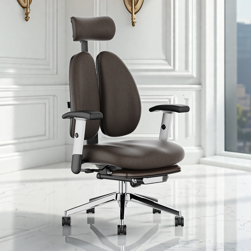 普格瑞斯人体工学椅家用舒适护腰真皮双背电脑椅子久坐舒适办公椅