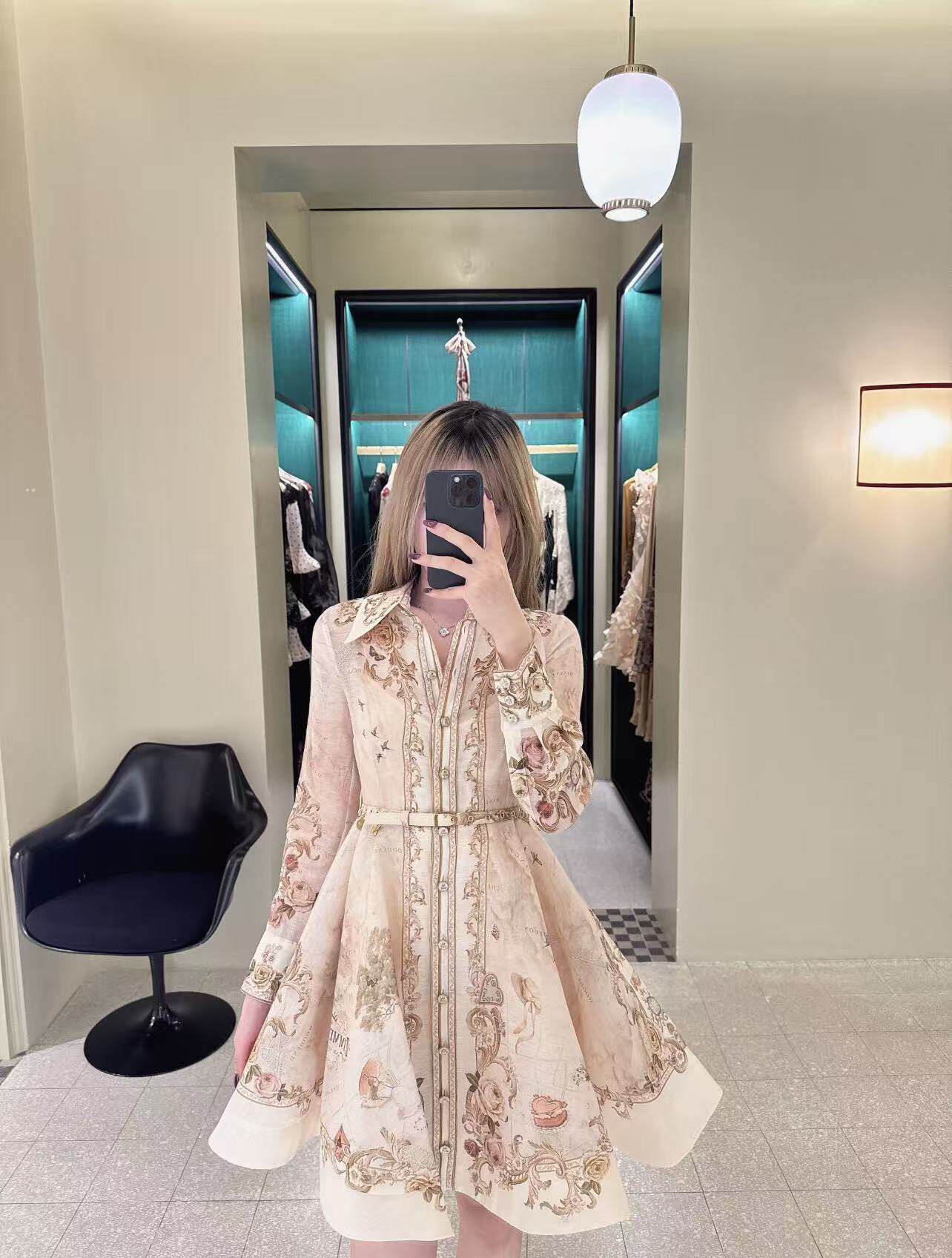 thumbnail for Z family light luxury haute couture 2025 autumn map print buckle elegant shirt-style mid-length dress umbrella skirt