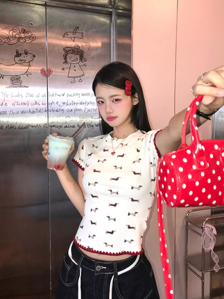 Xiaoxian Ni Zi Retro Dachshund T-Shirt for Women, Summer Style Dog Print Round Neck Slim Fit Short Sleeve Top