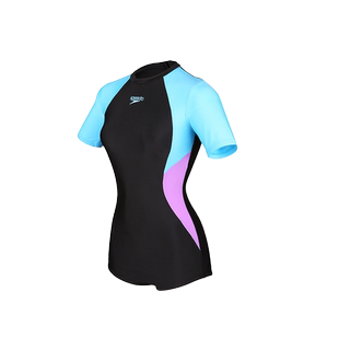 Speedo新款拼接撞色连体短袖防晒泳衣女小平角修身显瘦温泉泳装