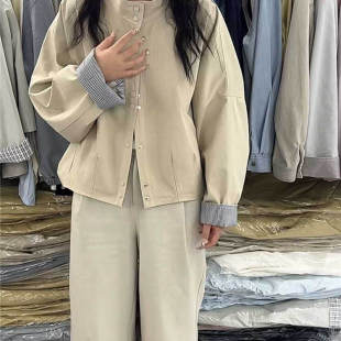 宽松条纹拼接休闲长袖 时尚 韩版 2025春季 设计感上衣 立领外套女短款