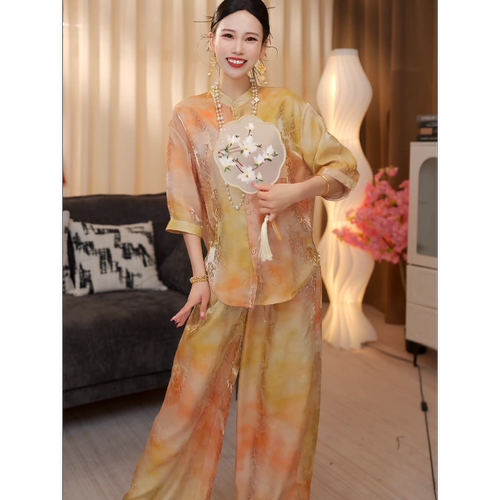 新中式天丝夏季阔腿裤女两件套