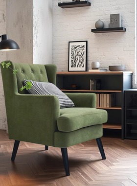 美式绿色丝绒复古单人沙发椅法式客厅阳台设计师休闲高背老虎椅子