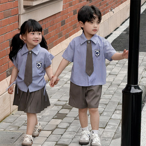 史努比女童夏装幼儿园衬衣儿童学院风裙子套装宝宝校服蓝条纹衬衫