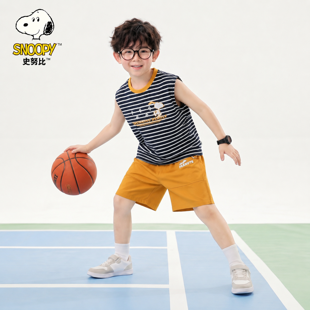 史努比正品童装夏款全棉条纹运动背心套装男童透气吸汗篮球服