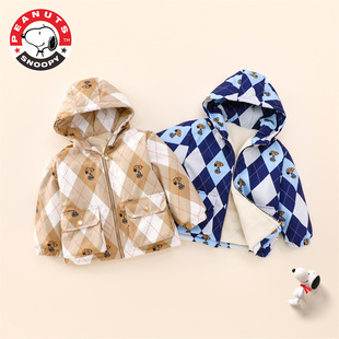 正品史努比菱格纹卡通印花羊驼绒加厚连帽棉衣2023冬男童防风外套