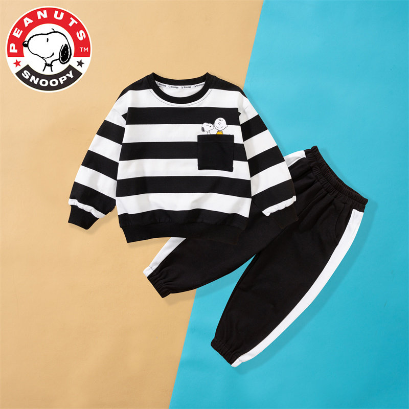 史努比条纹休闲卫衣套装男童宝宝休闲两件套2023新款春装女童衣服