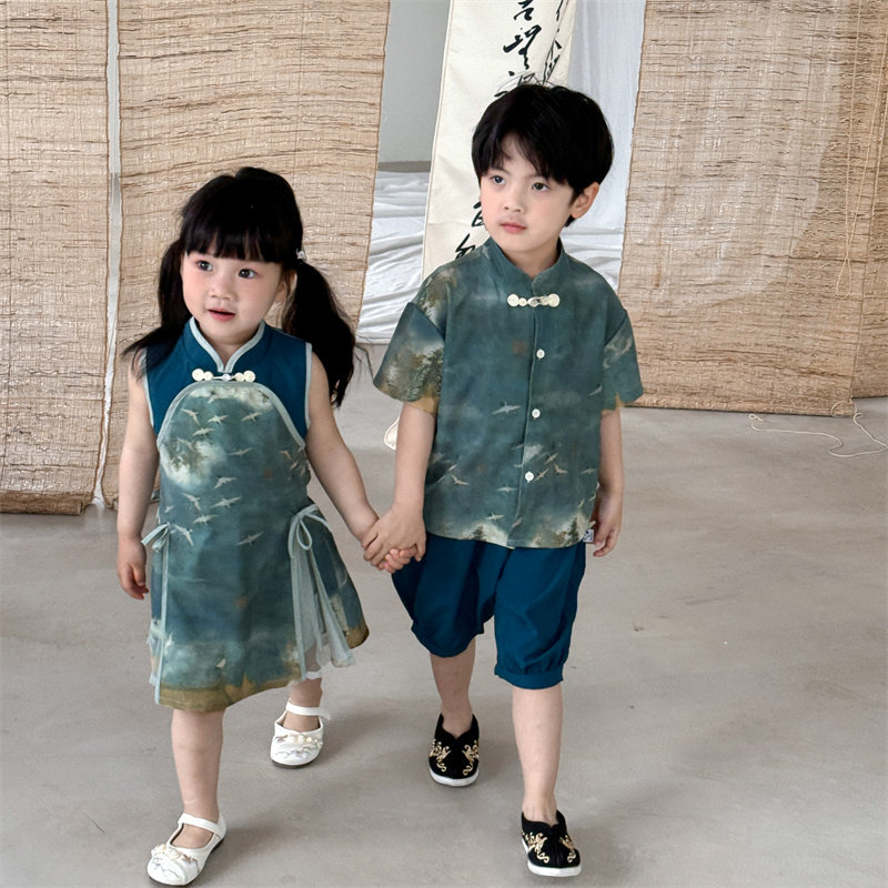 史努比正品姐弟装中国风汉服水墨印花男童短袖套装女童宝宝旗袍裙