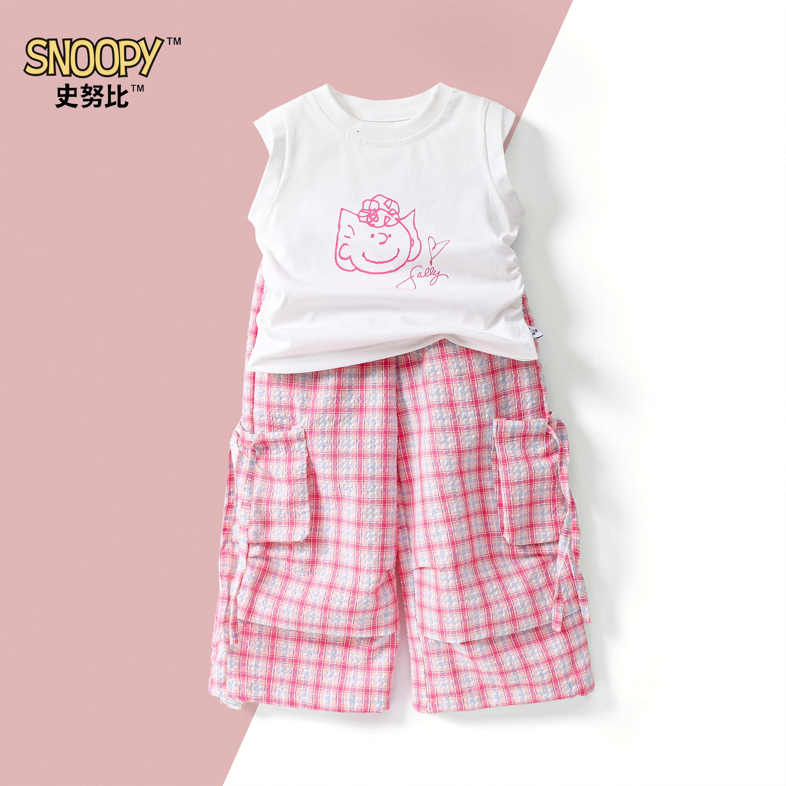 史努比女童夏季坎肩T恤发泡格子工装裤套装