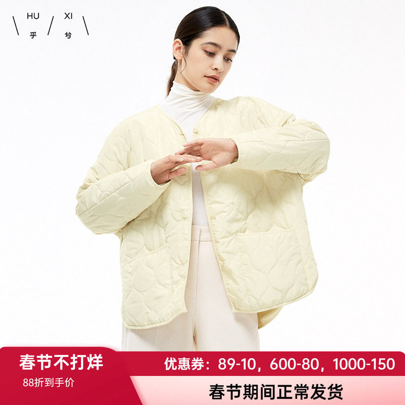 乎兮春秋保暖圆领短款防风棉衣上衣女士棉服休闲系扣家居外套夹克