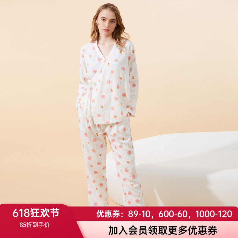 爱慕妈咪双层纱布全棉家居服女士柔软舒适长袖孕妇哺乳睡衣套装