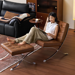 林氏家居客厅单人椅阳台休闲椅真皮沙发椅高级意式复古巴塞罗那椅