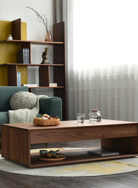 北欧意式简约储物方形双边抽屉储物 白蜡木黑胡桃木全实木茶几