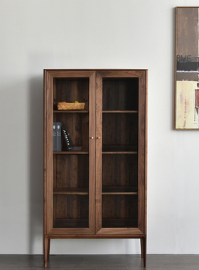 简约现代意式极简 黑胡桃木白蜡木玻璃门里柜实木储物柜边柜书柜