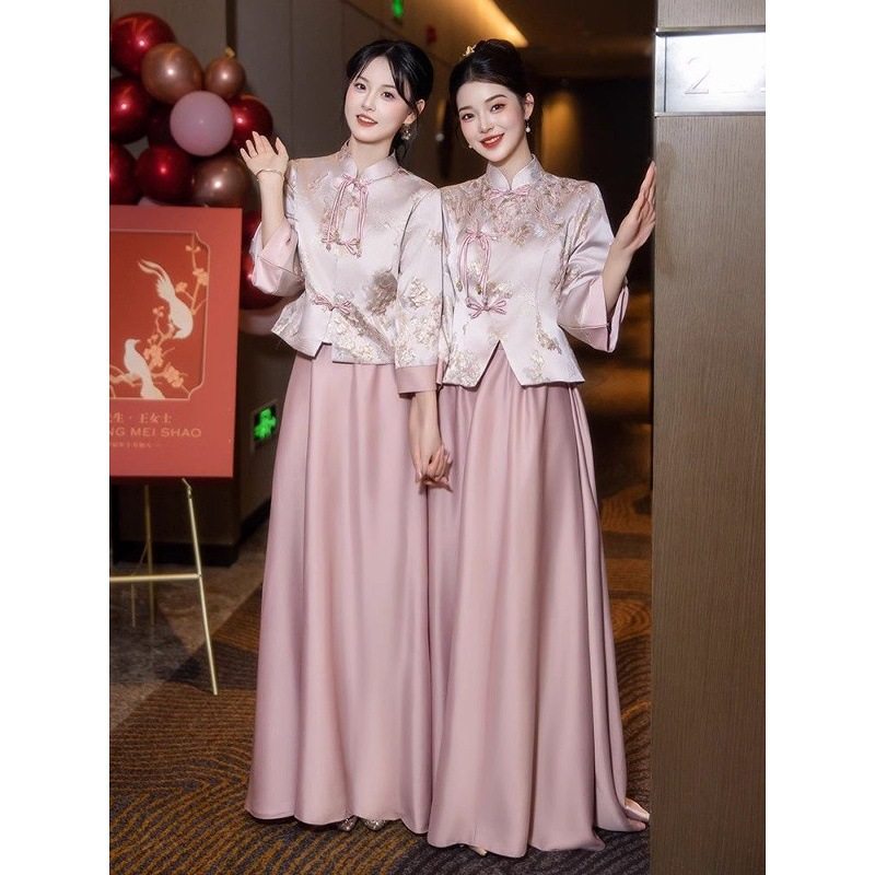 中式伴娘服2025新款春夏款小众高级粉色旗袍姐妹团礼服裙平时
