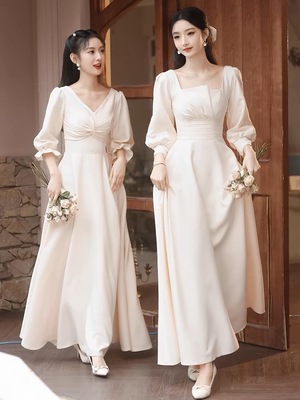 礼服裙缎面小众订婚高级长袖显瘦