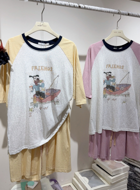 missjuju短袖短裤睡衣女夏圆领学生可爱卡通印花家居服套装薄8068