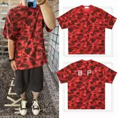 T-Shirt with Red Camouflage Print, Same Style as Edison Chen's Trendy Brand, Loose Fit, Casual, Couple Wear, 100% Cotton, Round Neck, Short Sleeves