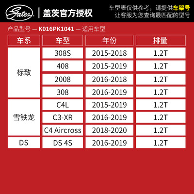 盖茨标致308S新4082008雪铁龙C4LC3XR发电机皮带套装附件套装1.2T