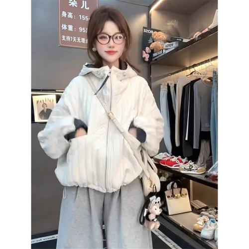 WHISPER*25AW小众潮牌联名格子拼接夹棉加厚休闲连帽棉衣外套女