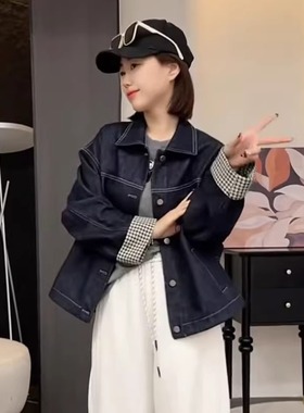 WHISPER*25AW小众潮牌联名复古格子拼接休闲百搭短款牛仔外套女