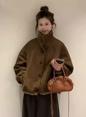 WHISPER*25AW小众潮牌联名休闲百搭加绒加厚短款皮毛一体外套女