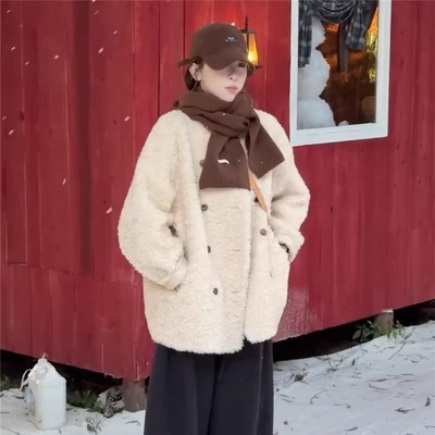 WHISPER*25AW小众潮牌联名休闲宽松显瘦加绒加厚羊羔毛外套女