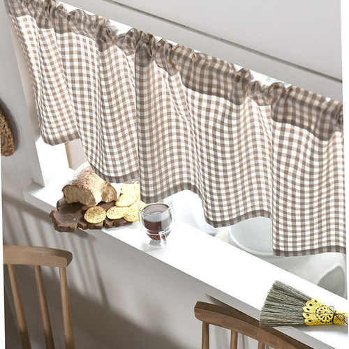 日式棉麻格子厨房免打孔安装半帘