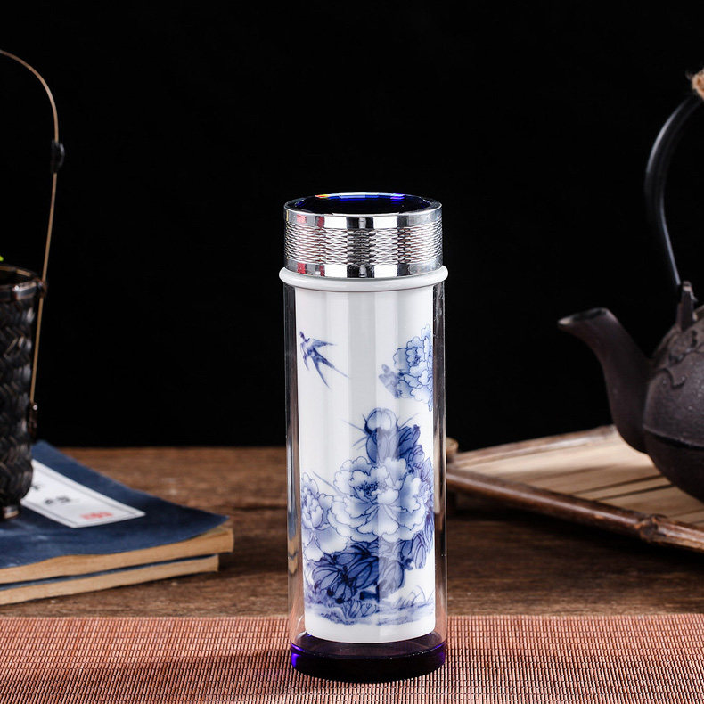 景德镇陶瓷保温杯带盖高档中式青花便携玻璃泡茶杯家用双层礼品盒
