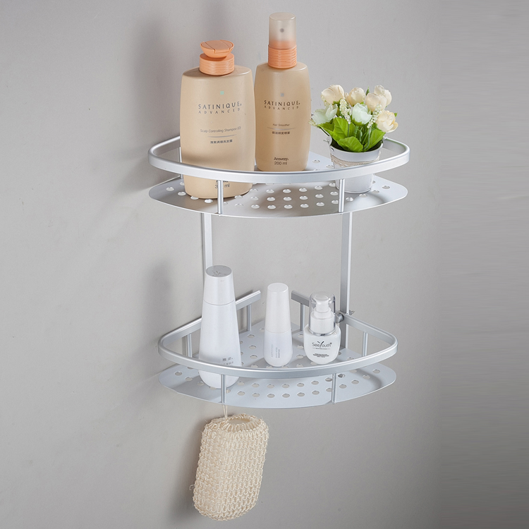 太空铝双层铝板蓝浴室置物架三角篮转角架收纳实心带钩 免打孔