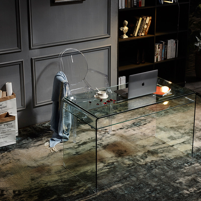 简约电脑桌透明玻璃写字台家用书房办公桌卧室轻奢笔记本美甲桌子