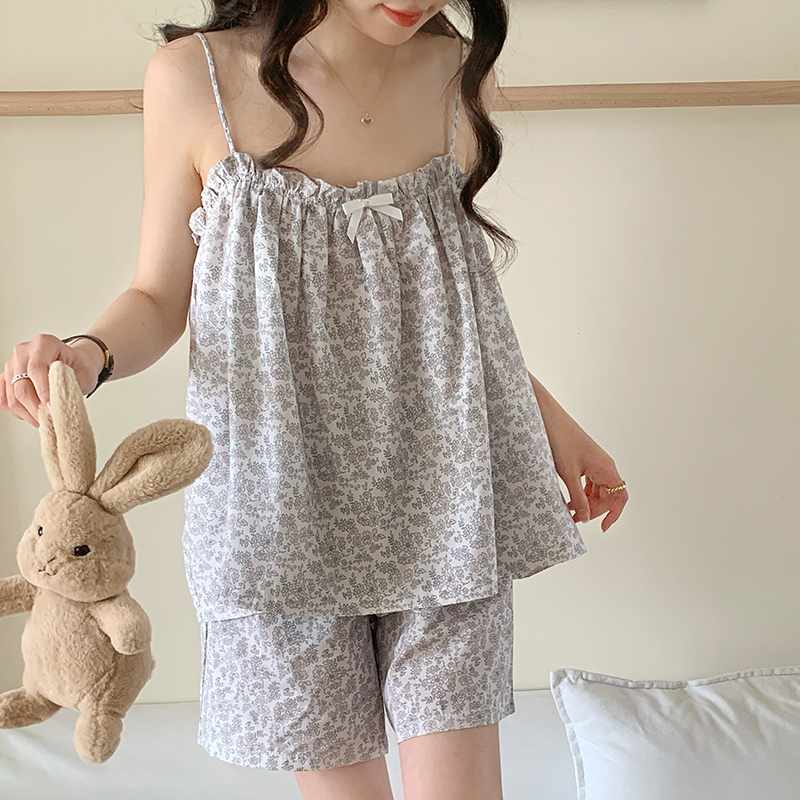 韩版清新碎花复古吊带睡衣套装女2025年夏季轻薄舒适纯棉家居服裙