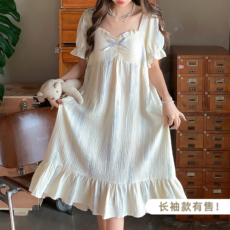 夏季可外穿甜美混色纯棉纱睡裙
