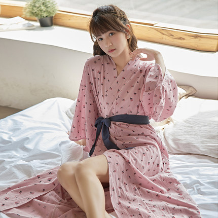 无印风！日系の和服纯棉纱布睡衣女日式碎花睡袍家居服送腰封睡裙